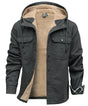 Hooded utility jacket with fleece-textured lining, snap front and multiple pockets