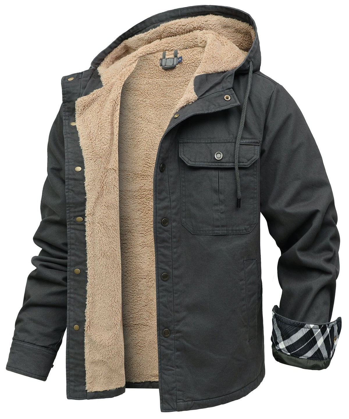 Hooded utility jacket with fleece-textured lining, snap front and multiple pockets