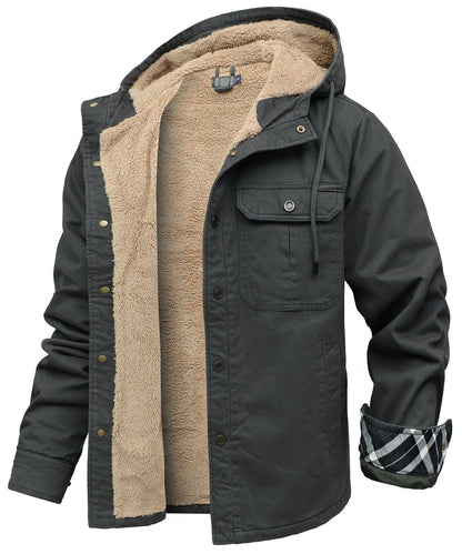 Hooded utility jacket with fleece-textured lining, snap front and multiple pockets