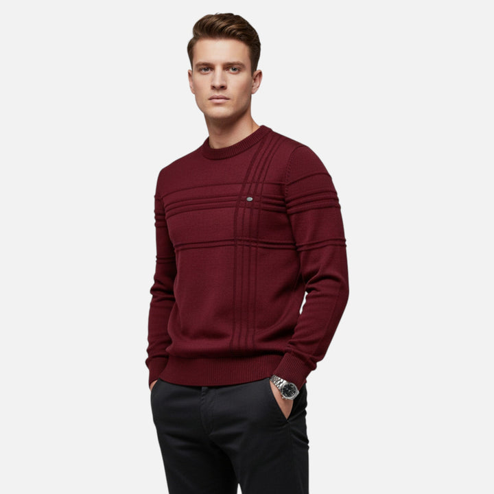 Men's striped crew neck sweater with long sleeves and ribbed trims