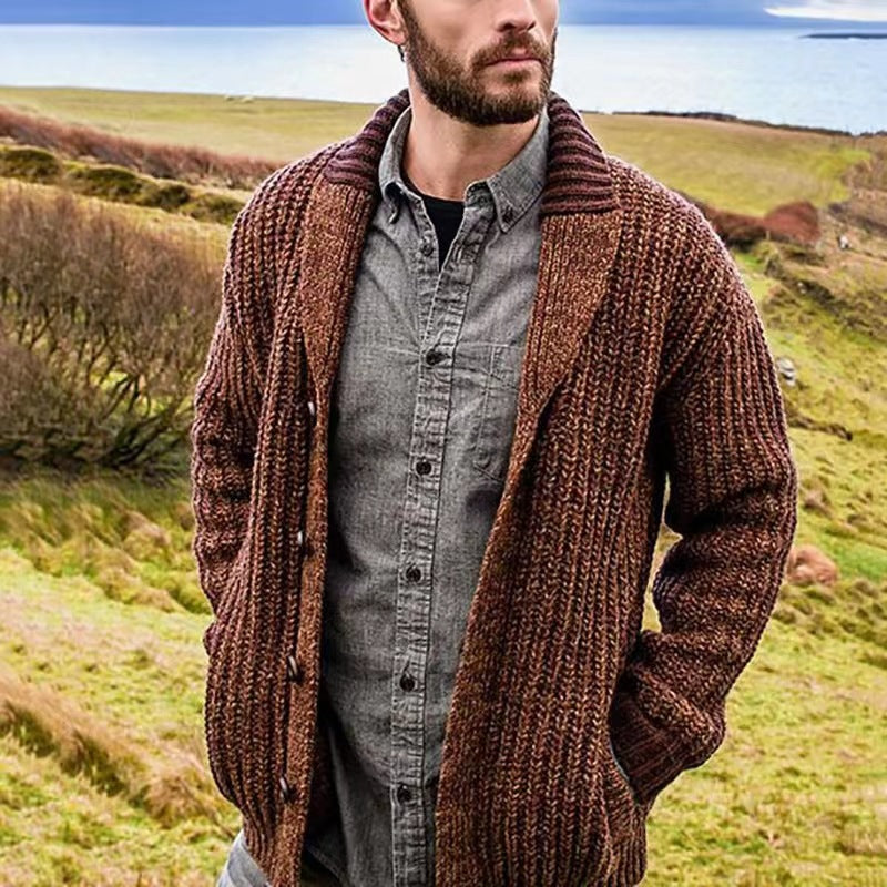 Men's textured shawl collar cardigan with button front and long sleeves