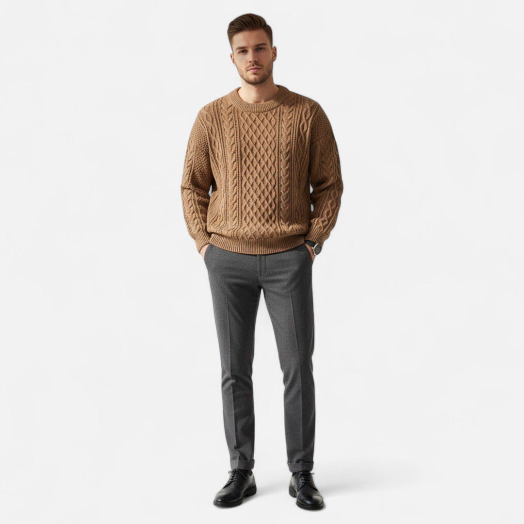 Men's cable knit crew neck jumper with long sleeves and ribbed trims