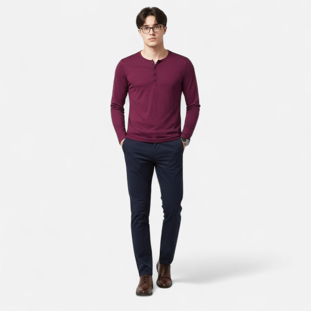 Men's long sleeve Henley shirt with band collar and button placket