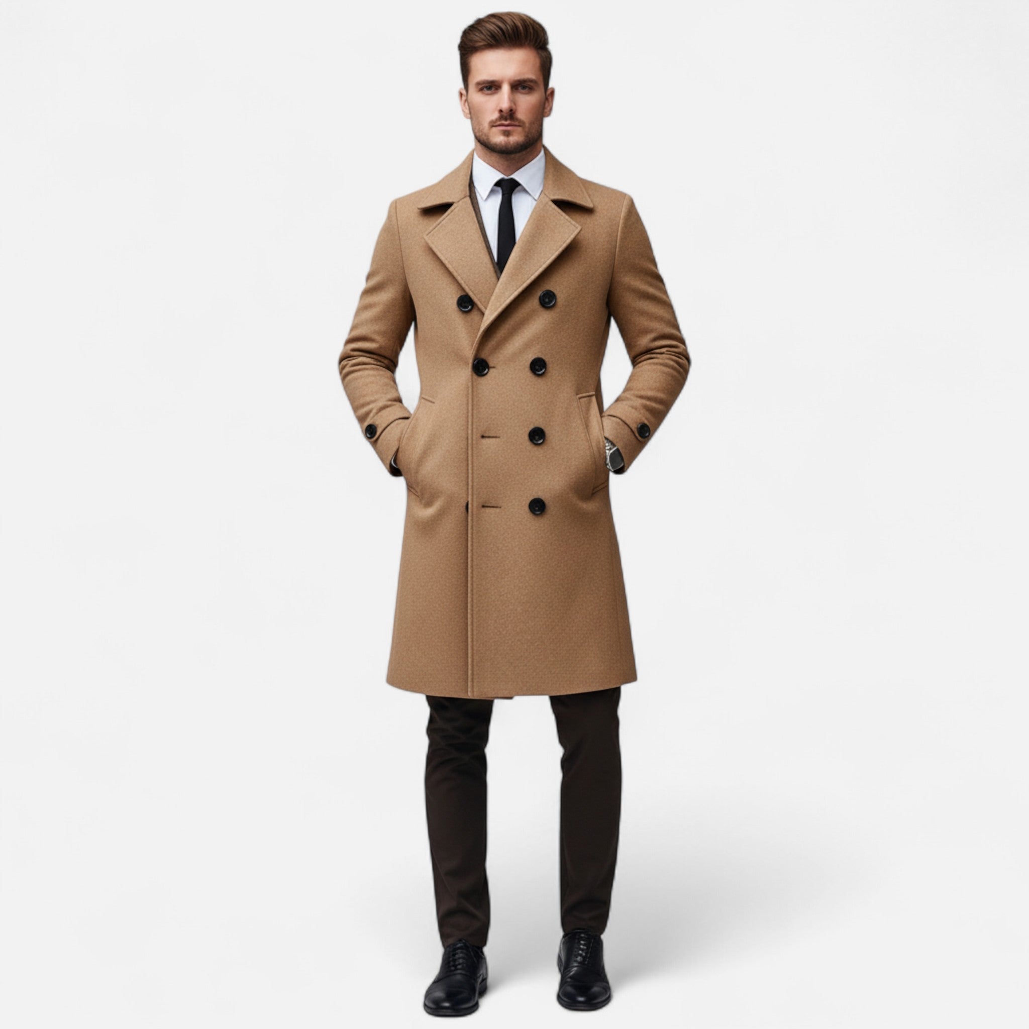 Men's long double-breasted overcoat with notched lapels and button details