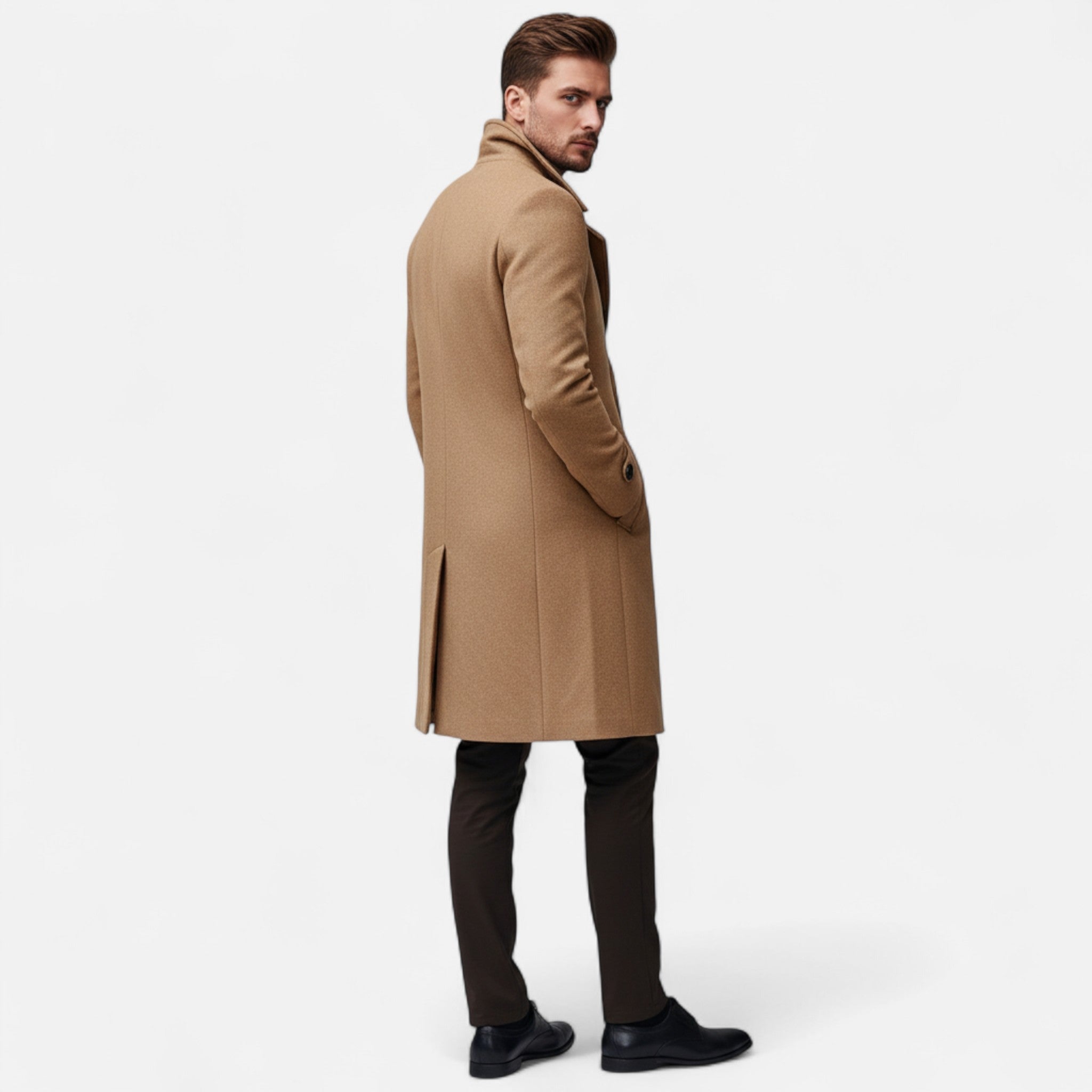 Men's long double-breasted overcoat with notched lapels and button details