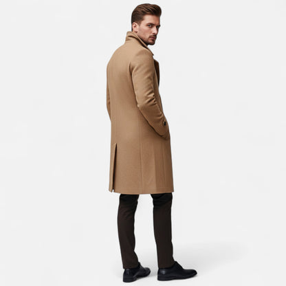 Men's long double-breasted overcoat with notched lapels and button details