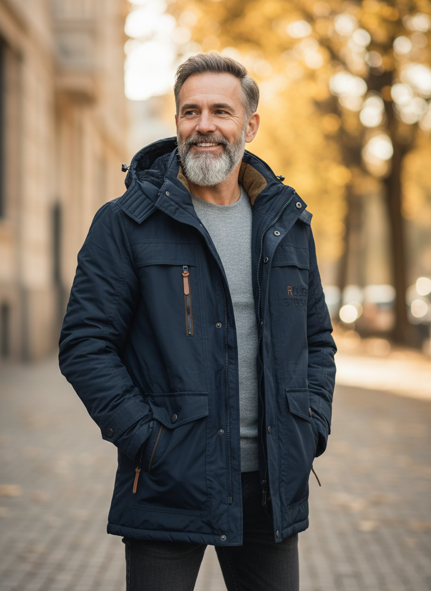 Men's hooded winter jacket with multiple zipped and flap pockets