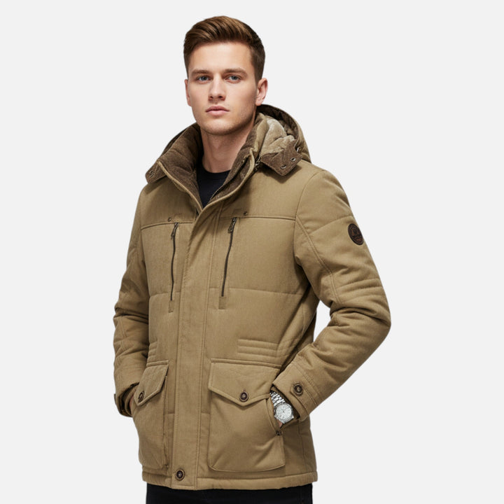 Men's padded hooded parka jacket with utility pockets and zip fastening