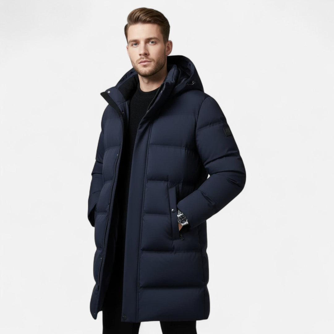 Men's hooded longline quilted puffer parka