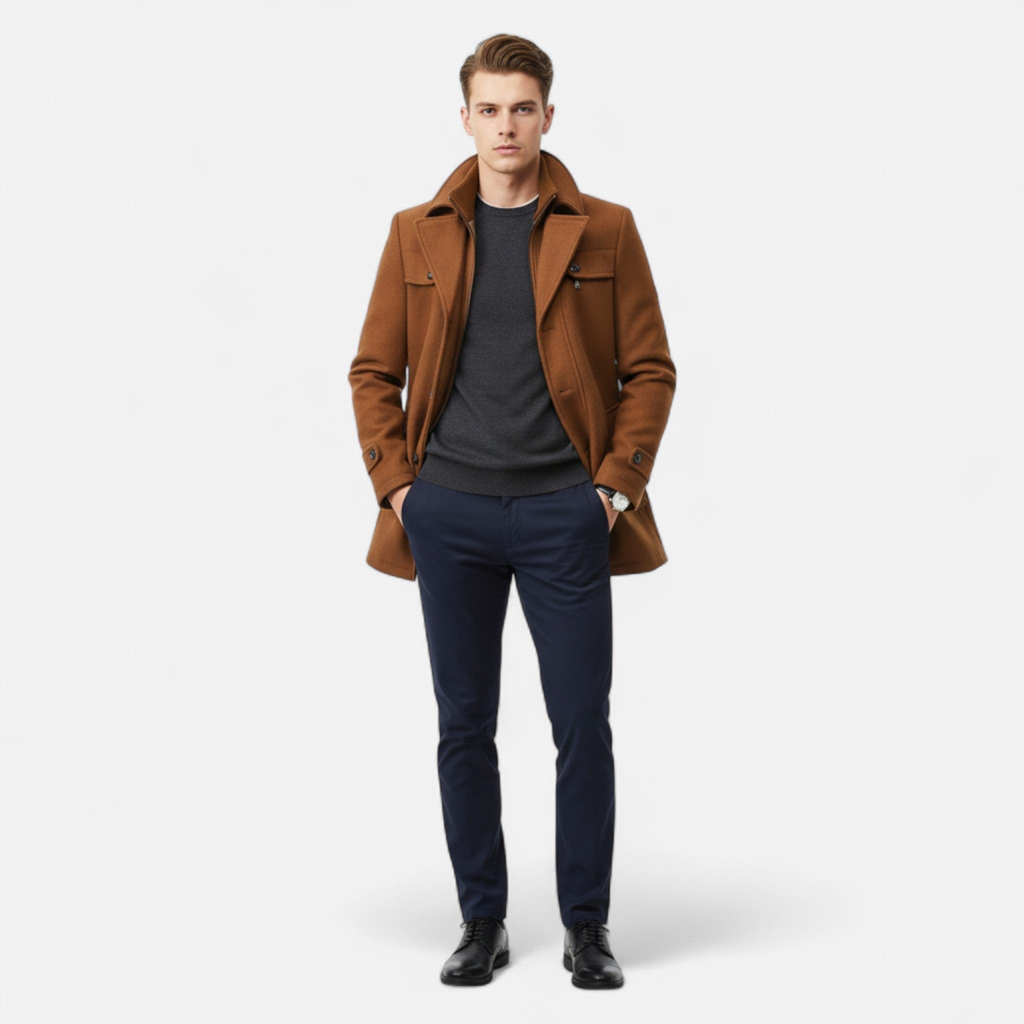 Men's mid-length coat with stand collar, double fastening and pockets