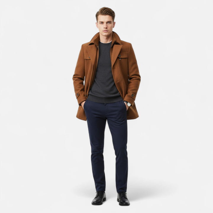 Men's mid-length coat with stand collar, double fastening and pockets