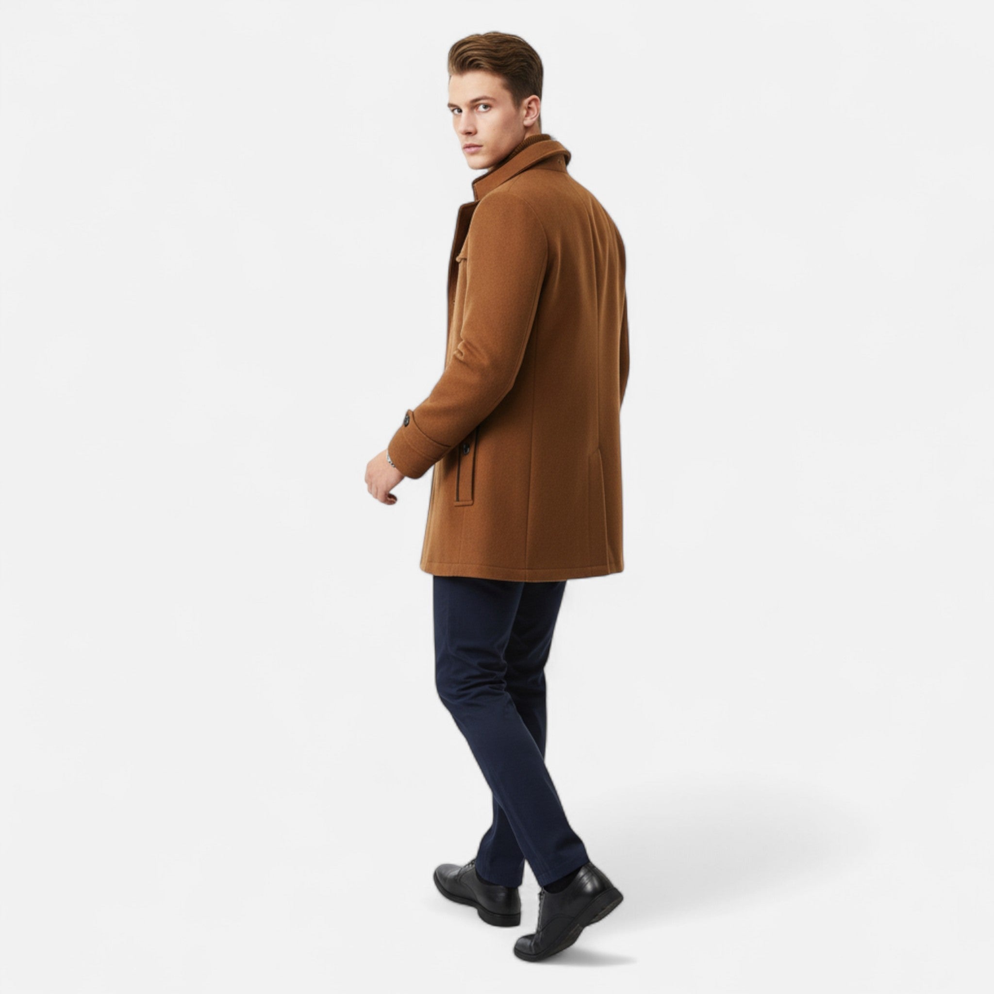 Men's mid-length coat with stand collar, double fastening and pockets