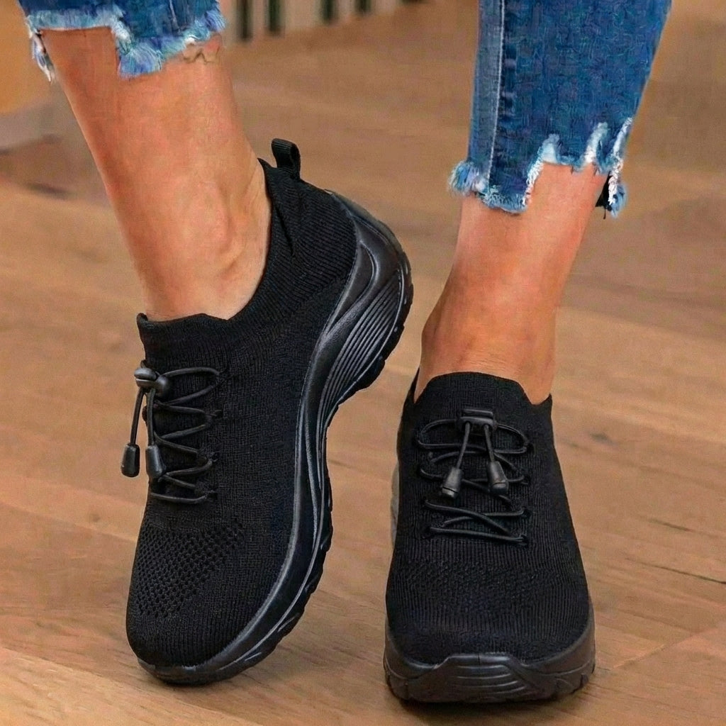High-top knit sneakers with toggle laces and contrasting thick soles