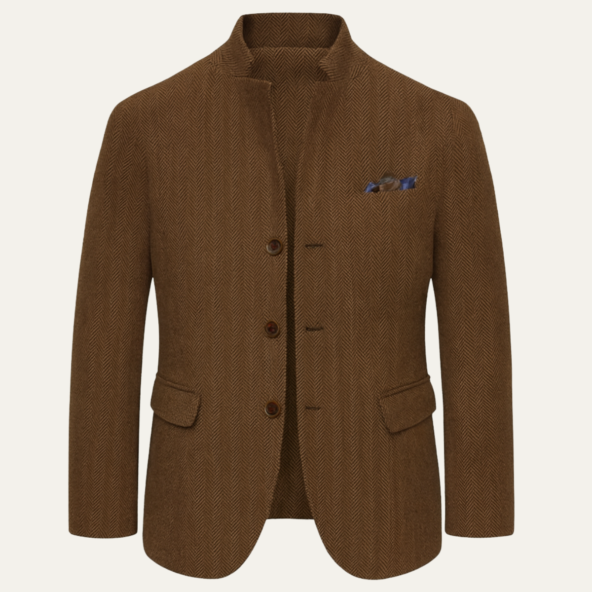 Men's herringbone single-breasted blazer jacket with stand collar and button fastening