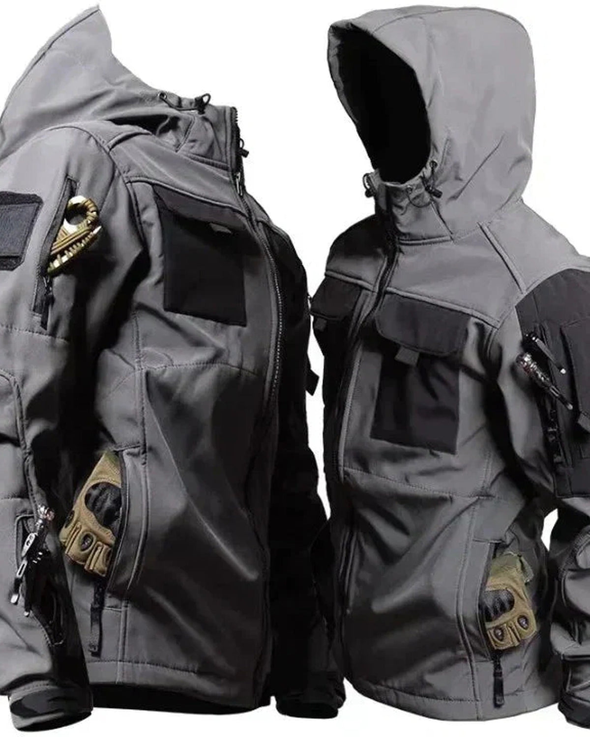Men's hooded utility jacket with multiple cargo pockets and front zip