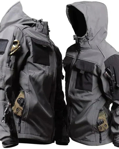 Men's hooded utility jacket with multiple cargo pockets and front zip