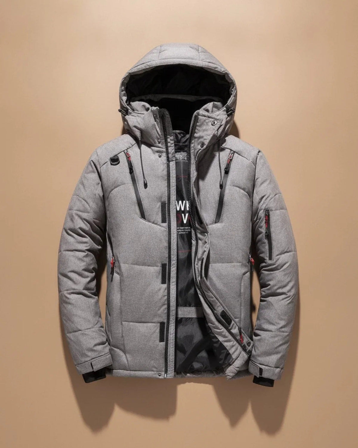 Men's quilted hooded jacket with long sleeves and multiple zipped pockets