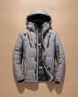 Men's quilted hooded jacket with long sleeves and multiple zipped pockets