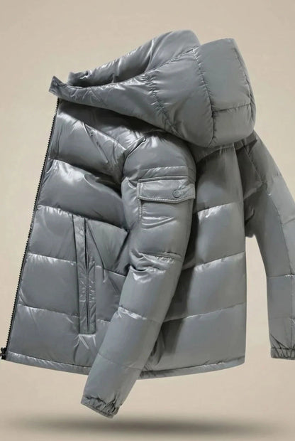 Men's quilted hooded puffer jacket with zip fastening and multiple pockets