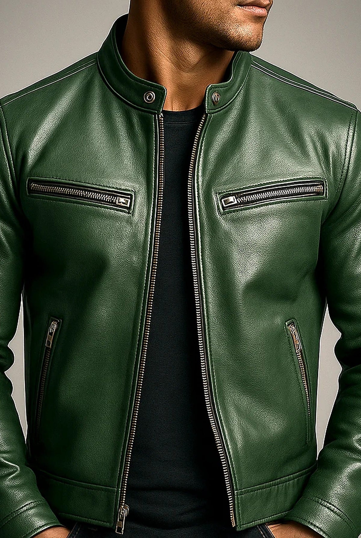 Men's zip-up jacket with mock neck and multiple zipped pockets