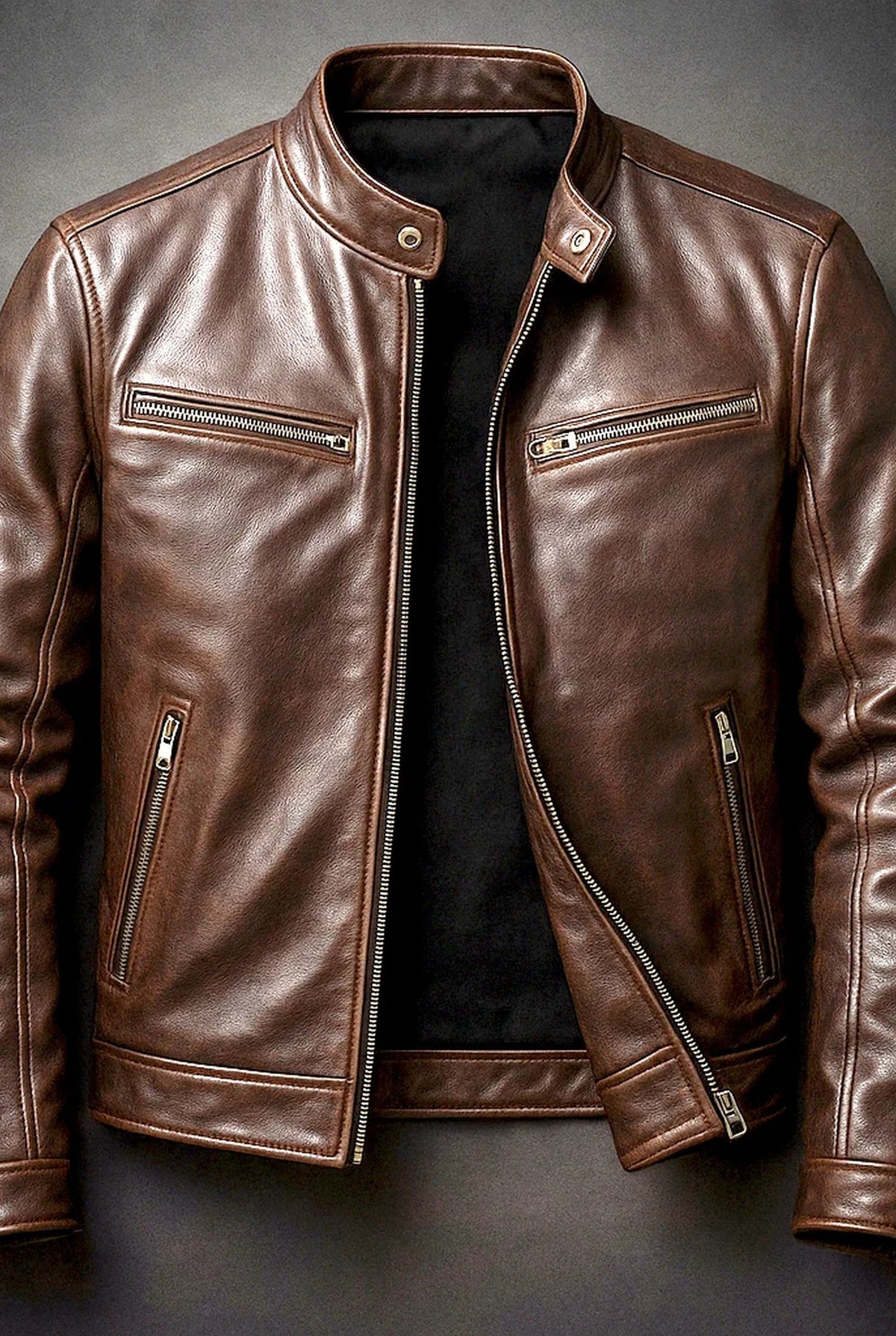 Men's zip-up jacket with mock neck and multiple zipped pockets