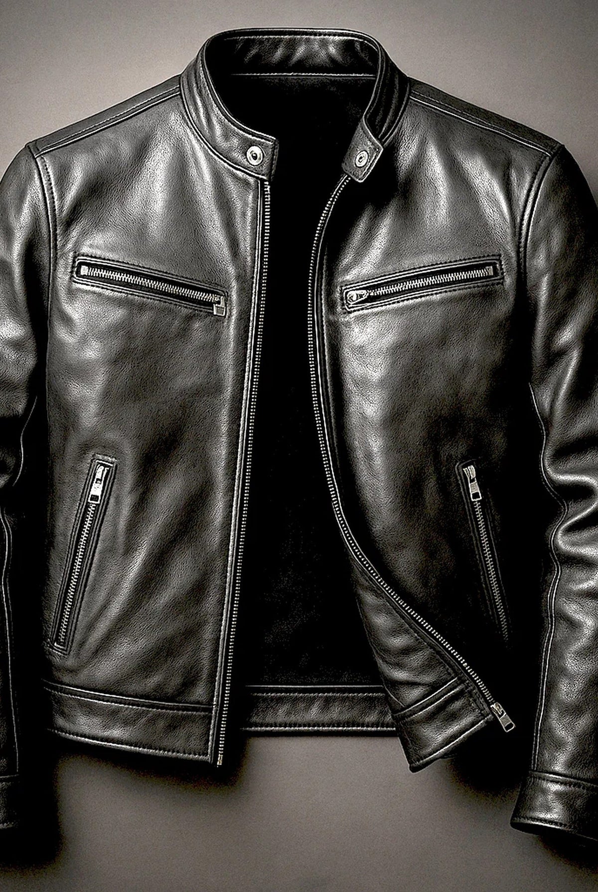 Men's zip-up jacket with mock neck and multiple zipped pockets
