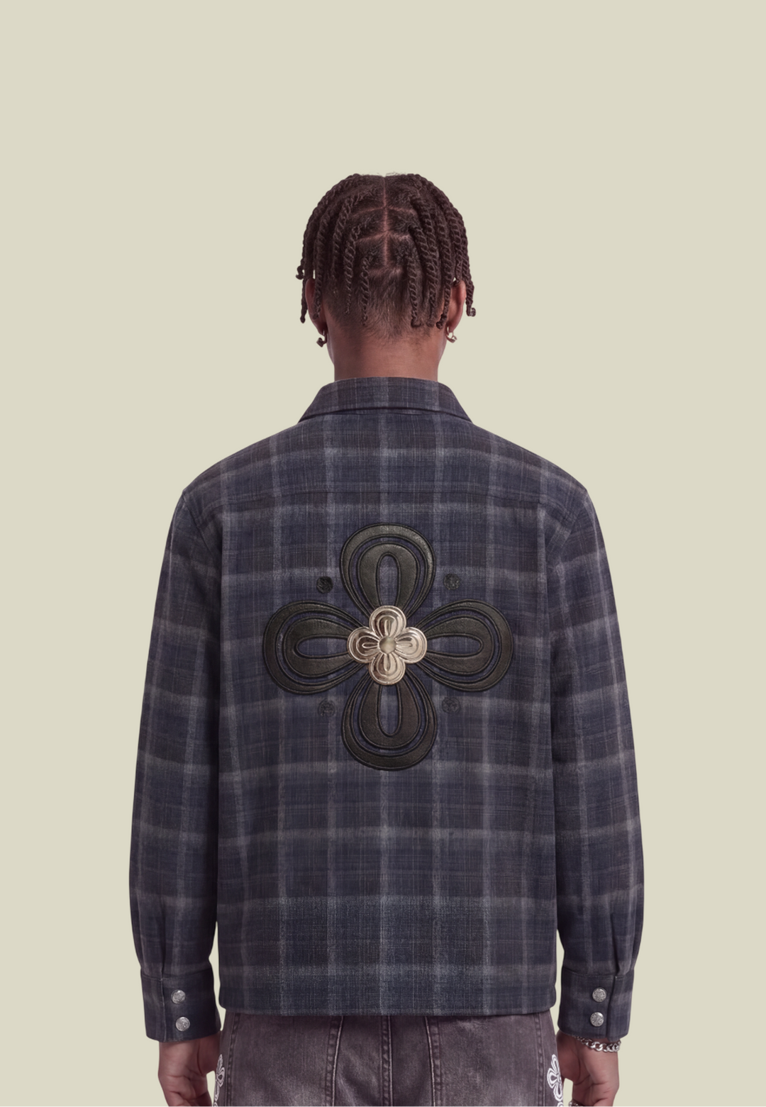 Men's navy checked long-sleeve shirt with chest pocket and decorative back motif
