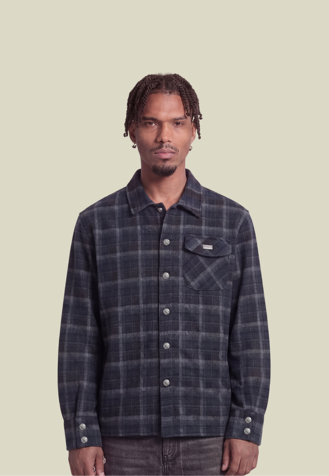Men's navy checked long-sleeve shirt with chest pocket and decorative back motif