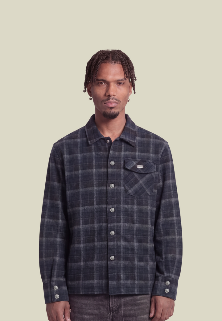 Men's navy checked long-sleeve shirt with chest pocket and decorative back motif