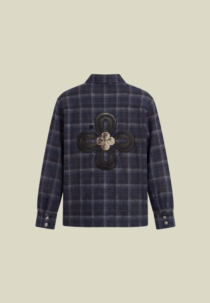 Men's navy checked long-sleeve shirt with chest pocket and decorative back motif