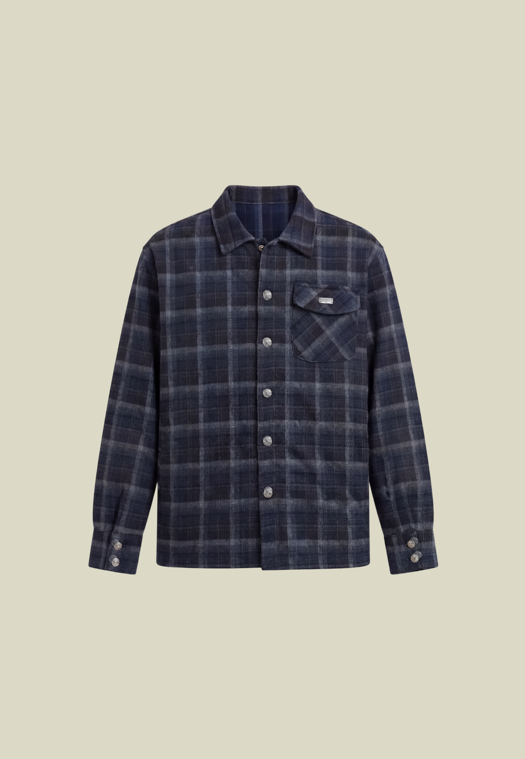 Men's navy checked long-sleeve shirt with chest pocket and decorative back motif