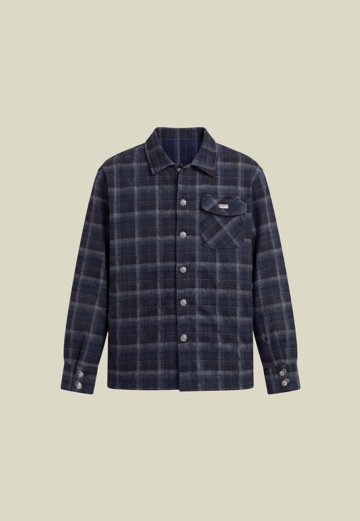 Men's navy checked long-sleeve shirt with chest pocket and decorative back motif