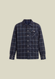 Men's navy checked long-sleeve shirt with chest pocket and decorative back motif