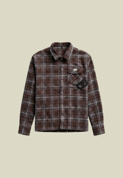 Brown checked long sleeve shirt with chest pocket, back graphic and decorative appliqué details