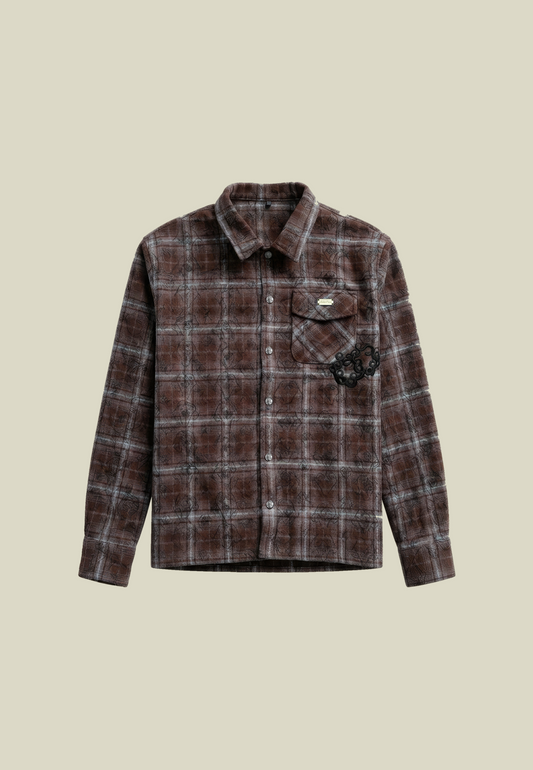 Brown checked long sleeve shirt with chest pocket, back graphic and decorative appliqué details