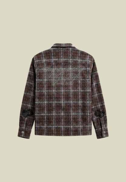 Brown checked long sleeve shirt with chest pocket, back graphic and decorative appliqué details