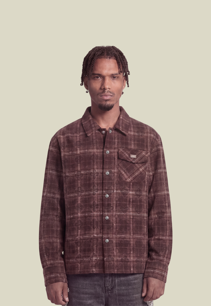 Red checked long-sleeved flannel shirt with button front and chest pocket