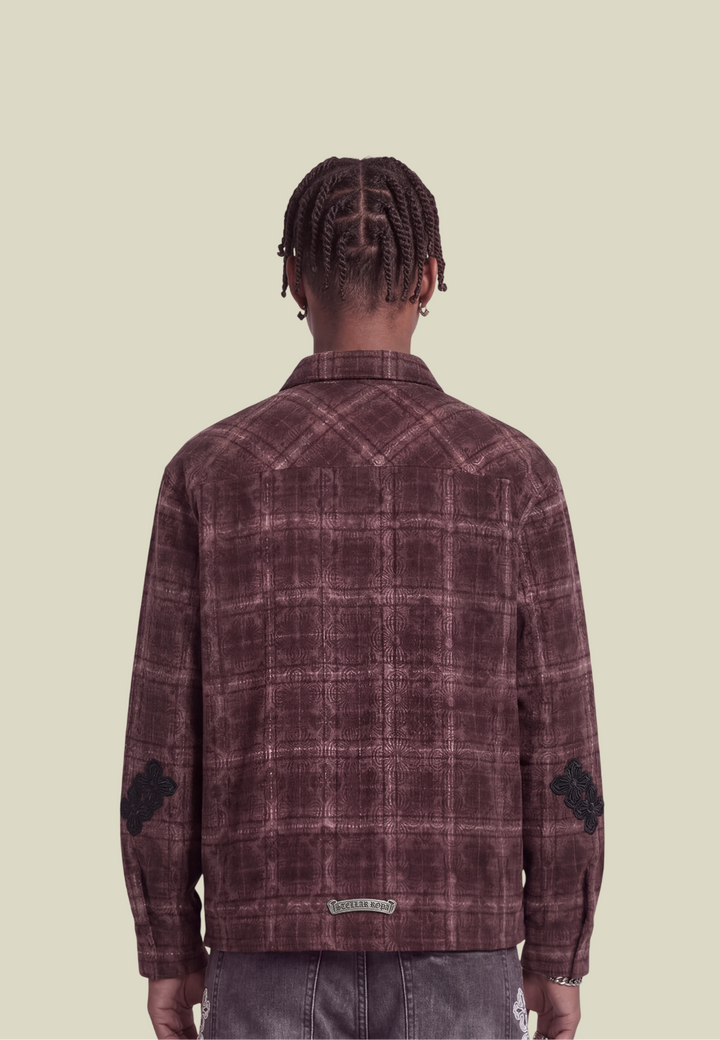 Red checked long-sleeved flannel shirt with button front and chest pocket
