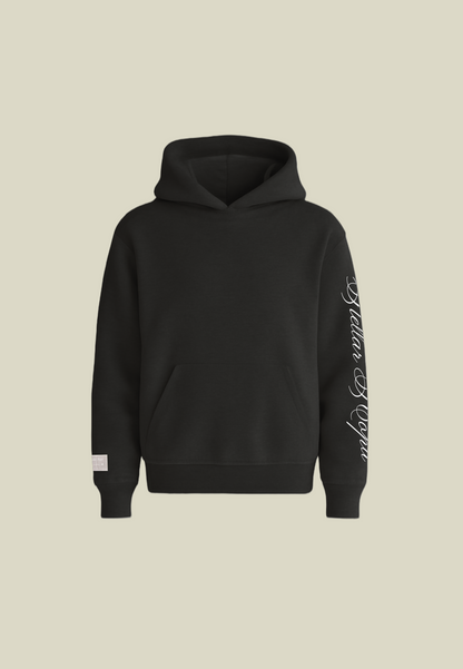 Black hooded sweatshirt with long sleeves
