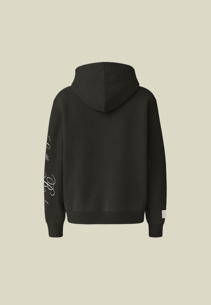 Black hooded sweatshirt with long sleeves