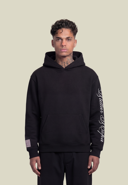 Black hooded sweatshirt with long sleeves