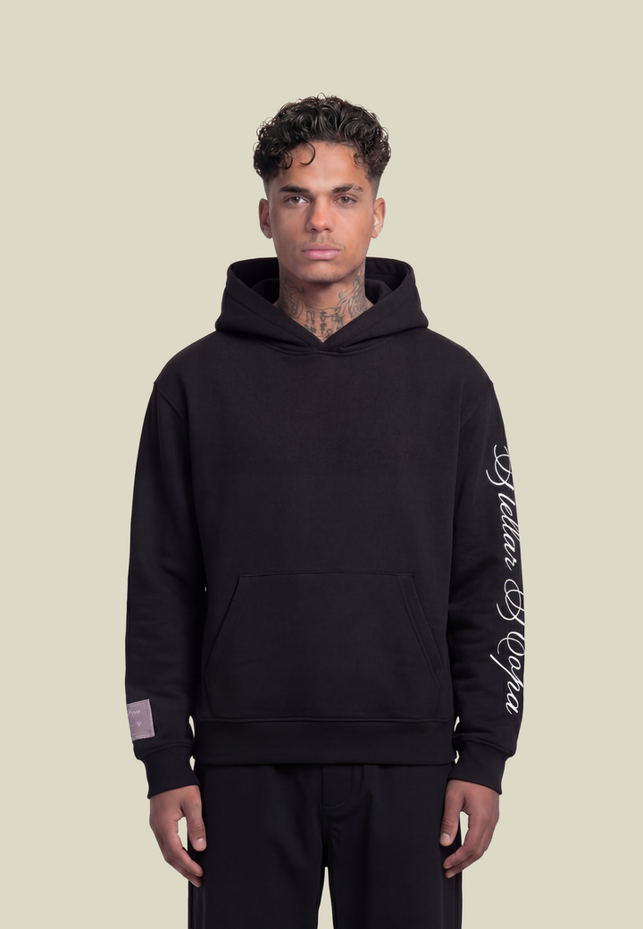 Black hooded sweatshirt with long sleeves