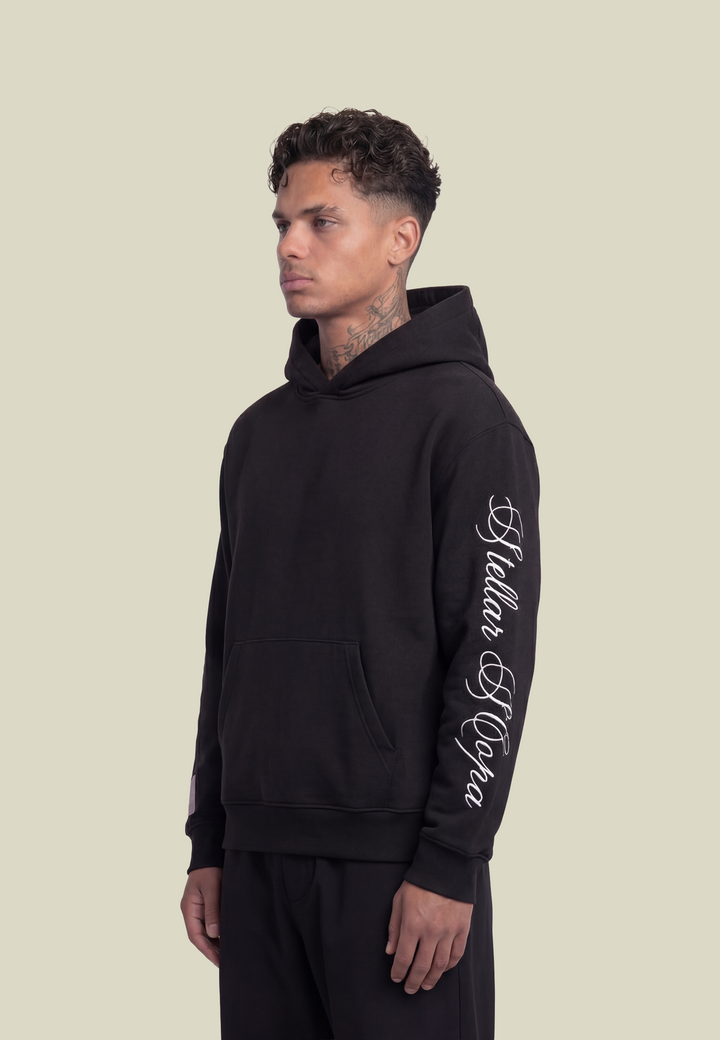 Black hooded sweatshirt with long sleeves