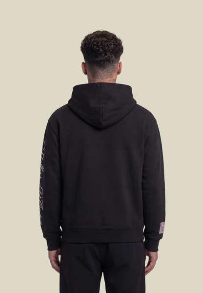 Black hooded sweatshirt with long sleeves