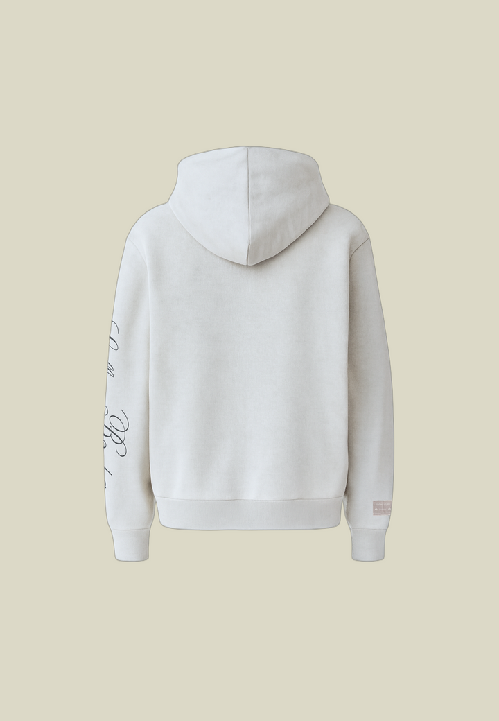 Grey unisex pullover hoodie with hood, front pouch pocket and sleeve graphic
