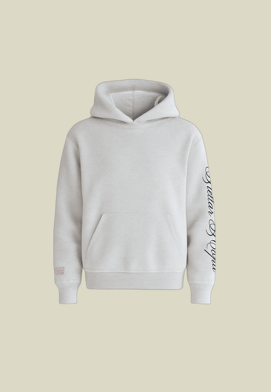 Grey unisex pullover hoodie with hood, front pouch pocket and sleeve graphic