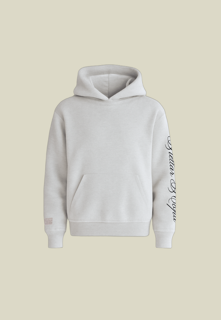 Grey unisex pullover hoodie with hood, front pouch pocket and sleeve graphic