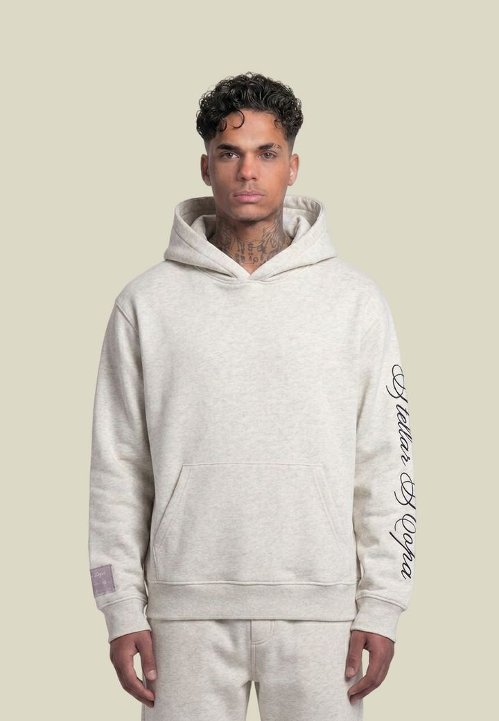 Grey unisex pullover hoodie with hood, front pouch pocket and sleeve graphic