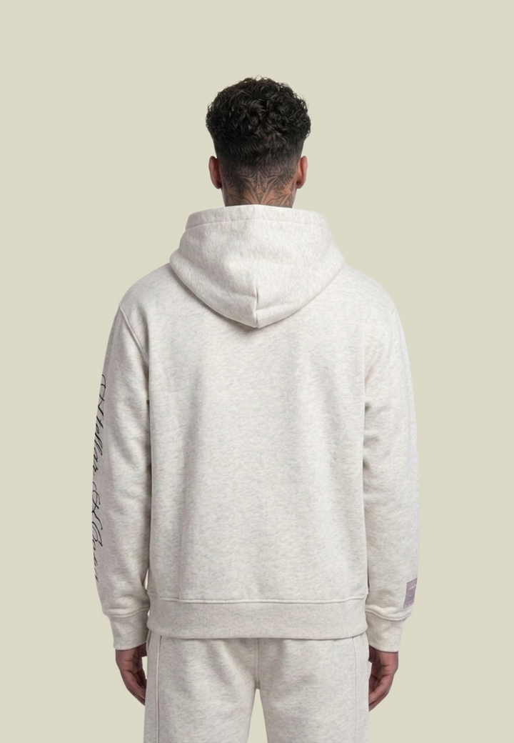 Grey unisex pullover hoodie with hood, front pouch pocket and sleeve graphic