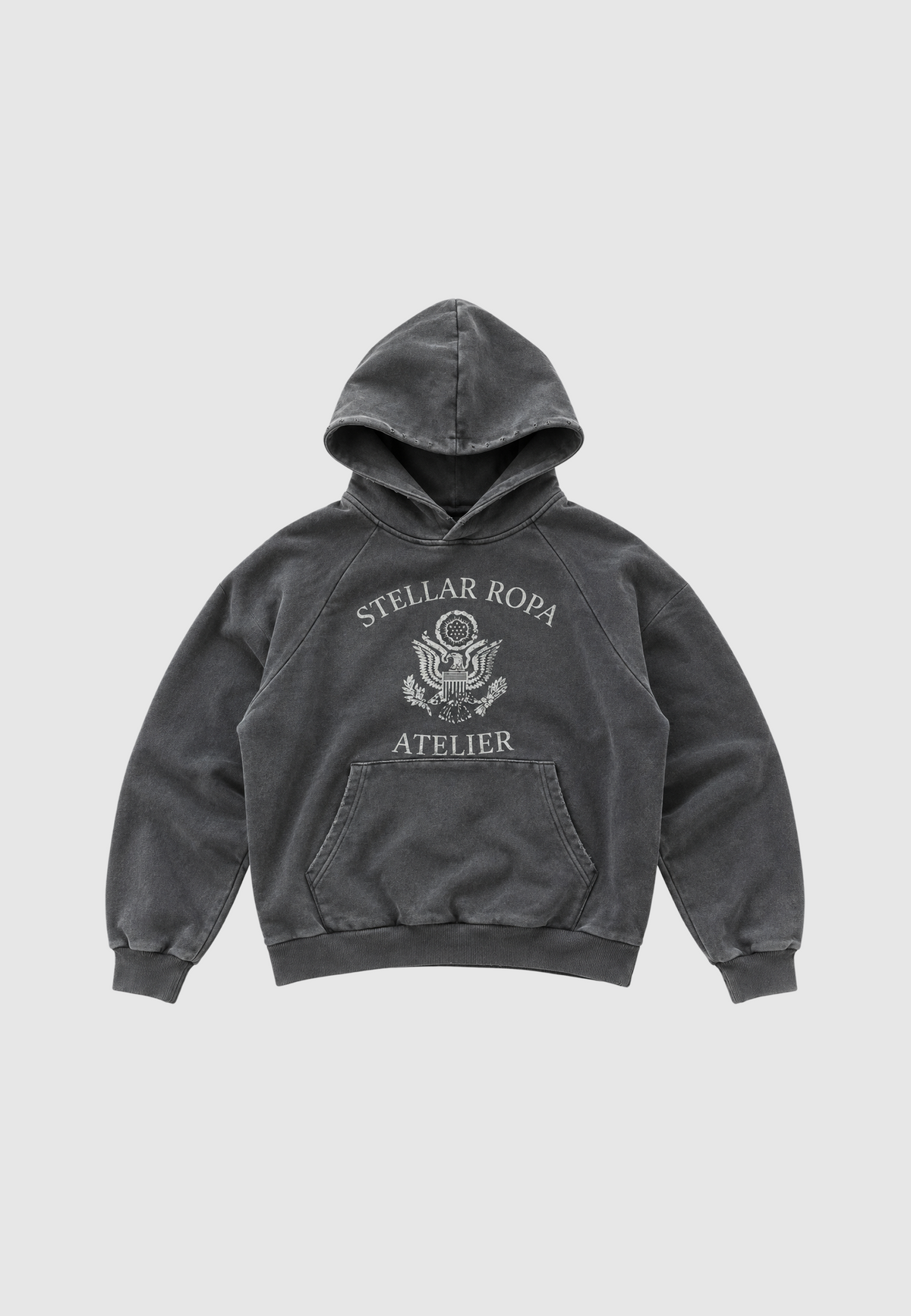 Washed grey hooded sweatshirt with front graphic and kangaroo pocket